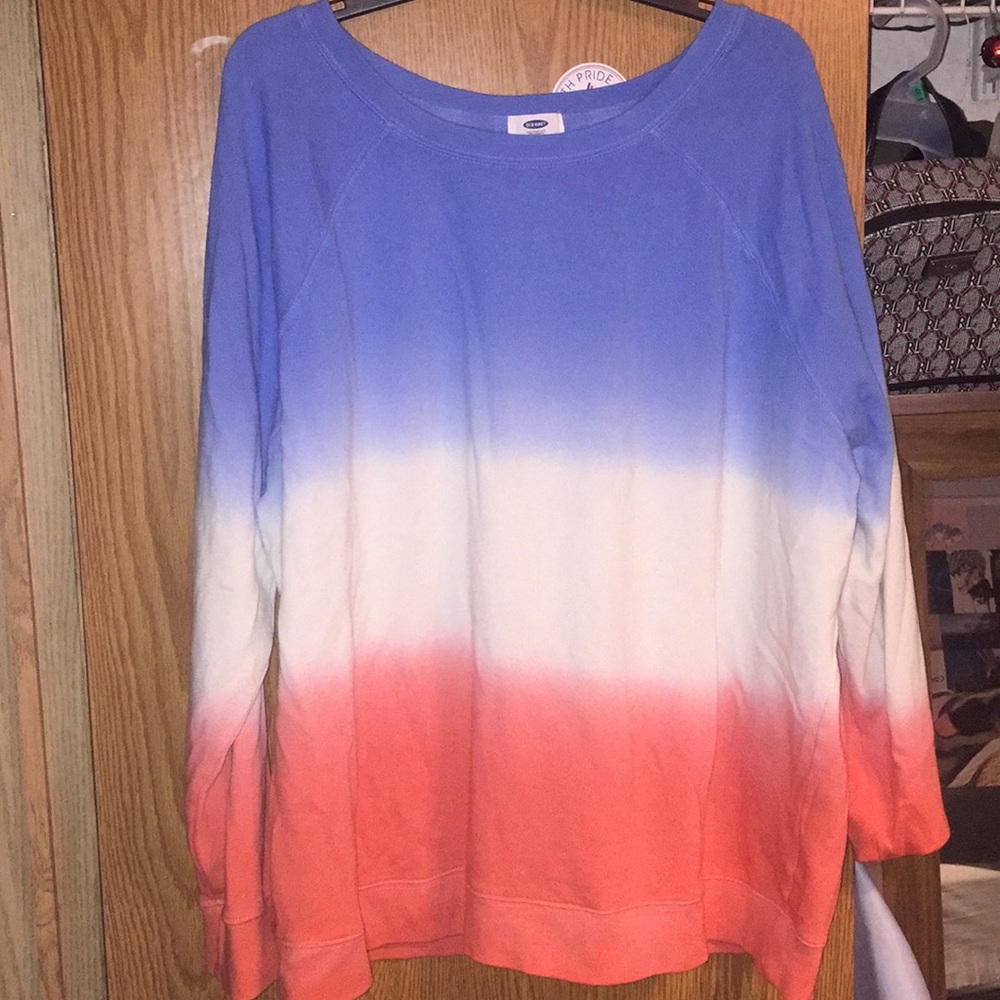 Blue, white, and red sweater